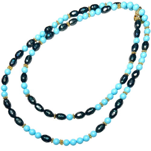 Faceted Black Pearl and Italian Turquoise Morse Code Necklace