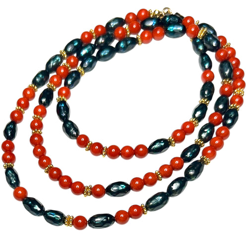 Faceted Black Pearl and Coral Morse Code Necklace