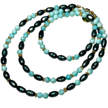 Load image into Gallery viewer, Faceted Black Pearl and Amazonite Morse Code Necklace