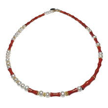 Load image into Gallery viewer, Pearl and Red Coral Morse Code Necklace