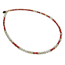 Load image into Gallery viewer, Pearl and Red Coral Morse Code Necklace