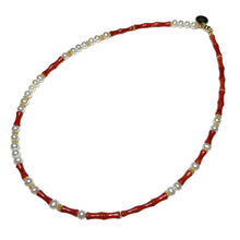 Load image into Gallery viewer, Pearl and Red Coral Morse Code Necklace