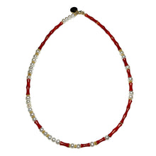 Load image into Gallery viewer, Pearl and Red Coral Morse Code Necklace