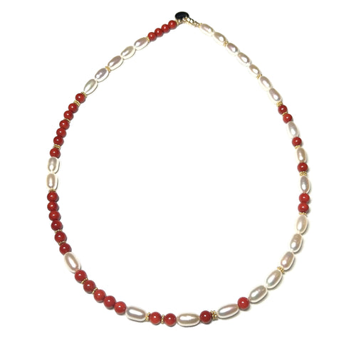 Red Coral & Pearl Morse Code Necklace