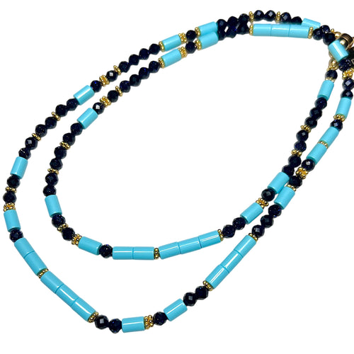 Blue Sand Stone and Italian Turquoise Morse Code Necklace