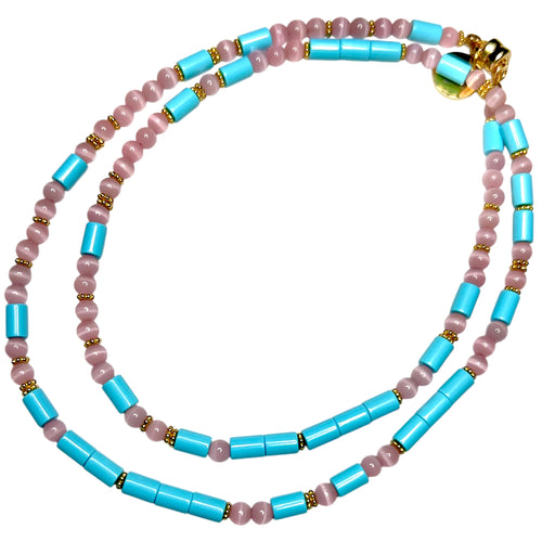 Pink Cat Eye and Italian Turquoise Morse Code Necklace