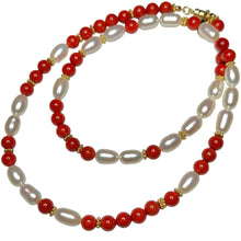 Load image into Gallery viewer, Pearl and Coral Morse Code Necklace