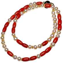 Load image into Gallery viewer, Pearl and Coral Morse Code Necklace