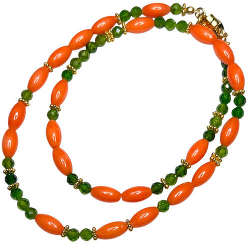 Tsavorite Garnet and Orange Coral Morse Code Necklace