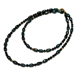 Faceted Black Pearl and Blue Sand Stone Morse Code Necklace