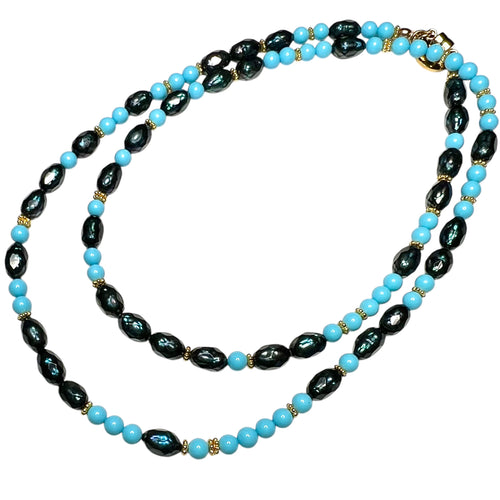 Faceted Black Pearl and Italian Turquoise Morse Code Necklace