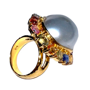 Freeform South Sea Pearl & Multicolor Sapphire Ring