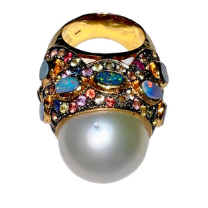 Australian Opal, South Sea Pearl & Multicolor Sapphire Ring