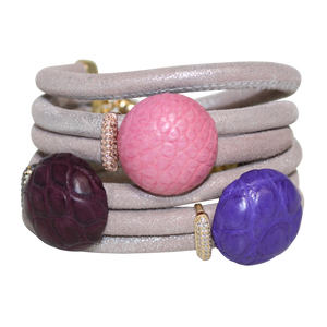 Natural Beige Snake Italian Wrap Leather Bracelet With Pink, Lavender and Burgundy Crocodile - DIDAJ